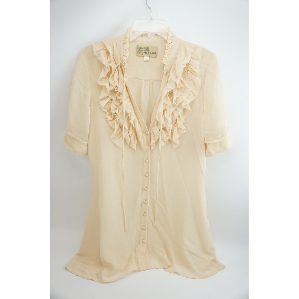 Project Alabama Diaphanous Tunic Size 4 Cream Silk Ruffle Neck Short Sleeve Good